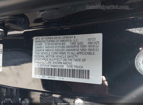 5FPYK3F74NB003258 2022 HONDA RIDGELINE Black Engine compartment view