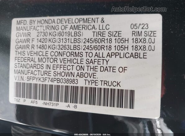 5FPYK3F74PB038983 2023 HONDA RIDGELINE Черный Вид подкапотного пространства