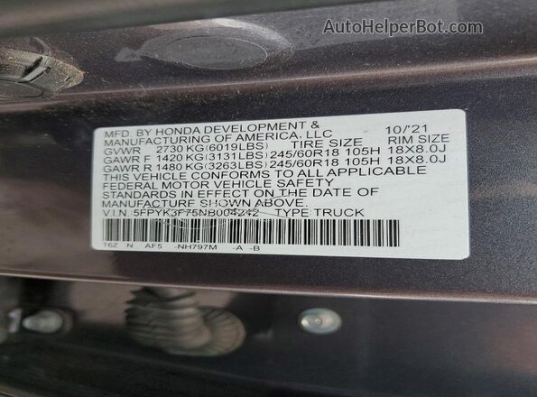 5FPYK3F75NB004242 2022 HONDA RIDGELINE Charcoal ძრავის განყოფილების ხედი
