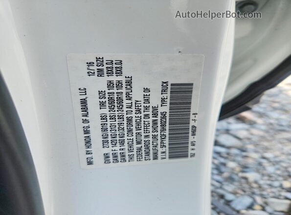 5FPYK3F76HB023645 2017 HONDA RIDGELINE White VIN կոդի պիտակի տեսք