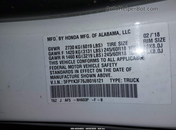 5FPYK3F76JB016121 2018 HONDA RIDGELINE White 