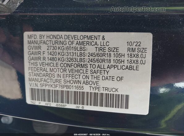 5FPYK3F76PB011655 2023 HONDA RIDGELINE Dark Blue Շարժիչի բաժամունքի տեսք