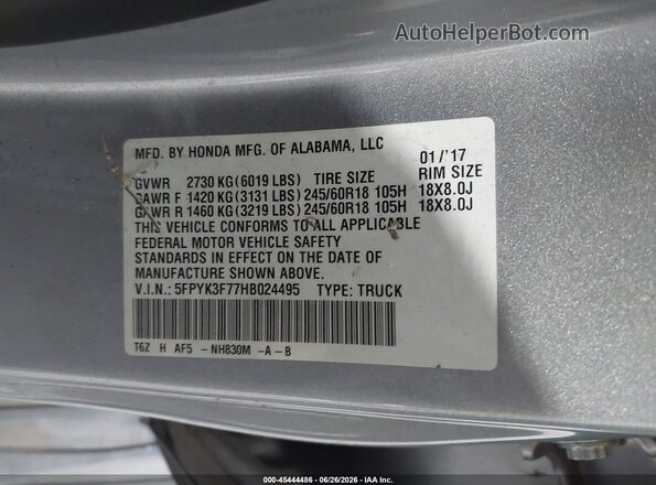 5FPYK3F77HB024495 2017 HONDA RIDGELINE Silver Շարժիչի բաժամունքի տեսք