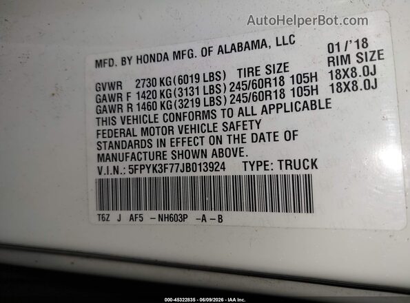 5FPYK3F77JB013924 2018 HONDA RIDGELINE White Вид підкапотного простору