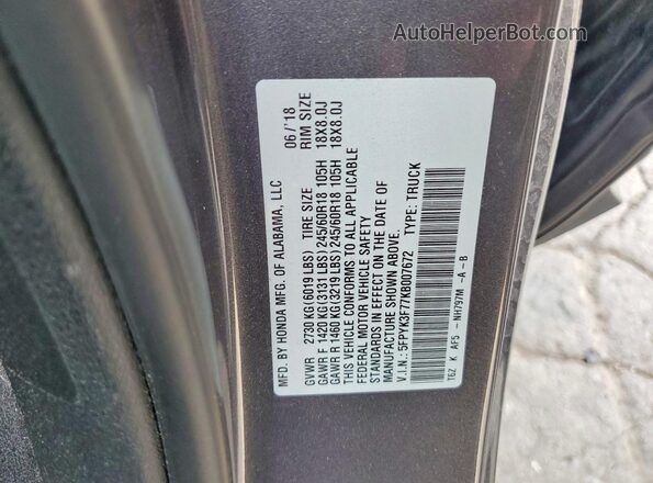 5FPYK3F77KB007672 2019 HONDA RIDGELINE Gray 