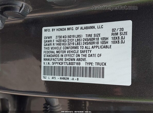 5FPYK3F77LB007169 2020 HONDA RIDGELINE Brown Engine compartment view