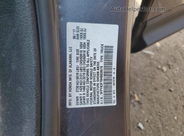 5FPYK3F78HB038678 2017 HONDA RIDGELINE Gray VIN კოდის სტიკერის ხედი