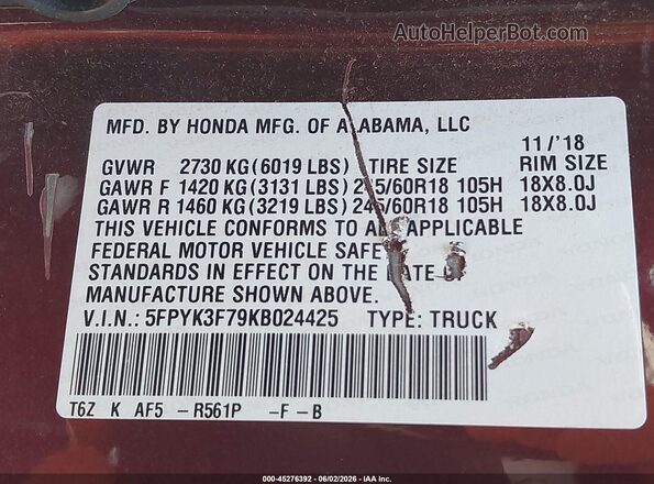 5FPYK3F79KB024425 2019 HONDA RIDGELINE Burgundy Вид підкапотного простору