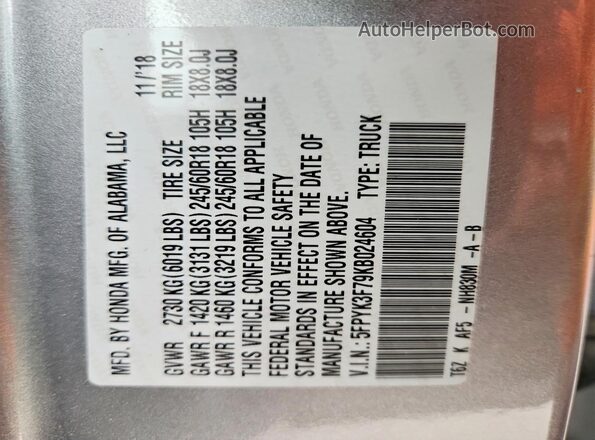 5FPYK3F79KB024604 2019 HONDA RIDGELINE Silver Вид підкапотного простору