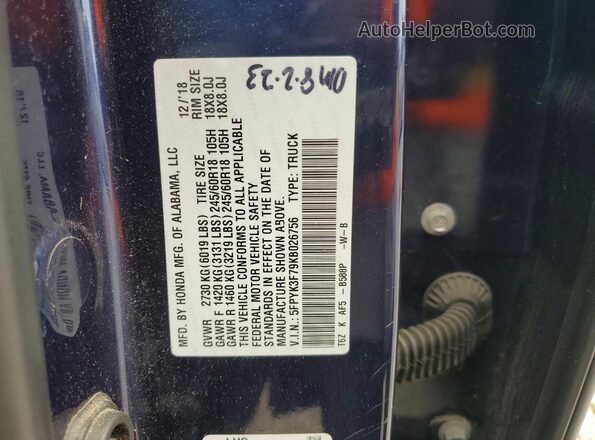 5FPYK3F79KB026756 2019 HONDA RIDGELINE Blue 