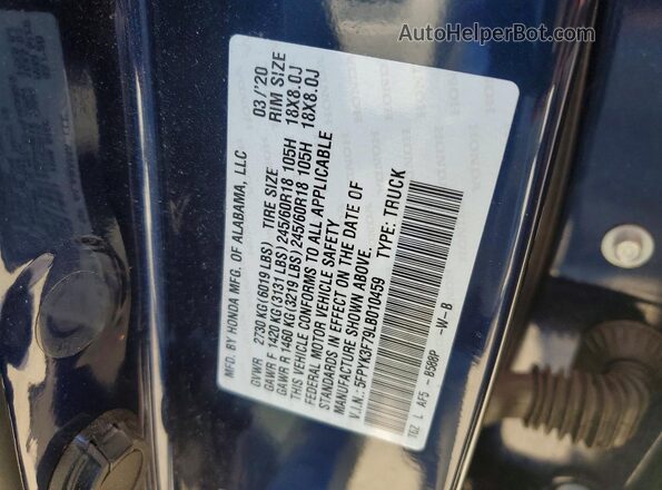 5FPYK3F79LB010459 2020 HONDA RIDGELINE Blue Вид наклейки з VIN-кодом