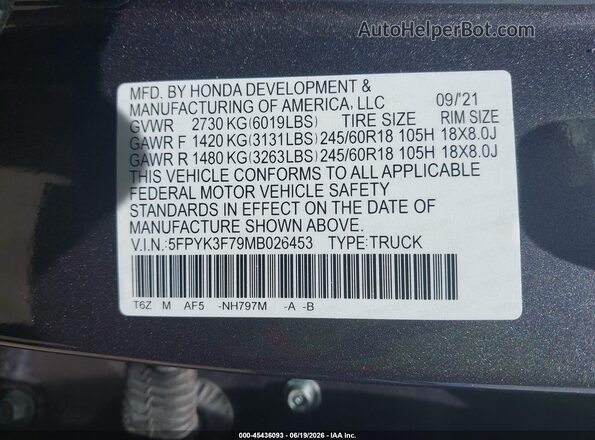 5FPYK3F79MB026453 2021 HONDA RIDGELINE Gray Engine compartment view