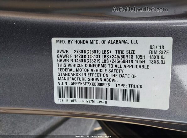 5FPYK3F7XKB000926 2019 HONDA RIDGELINE Gray Engine compartment view