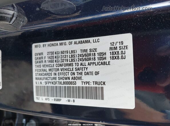 5FPYK3F7XLB000653 2020 HONDA RIDGELINE Blue Շարժիչի բաժամունքի տեսք