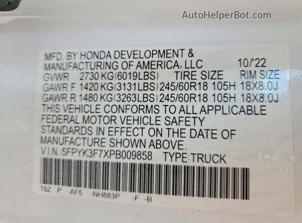 5FPYK3F7XPB009858 2023 HONDA RIDGELINE White Widok komory silnika