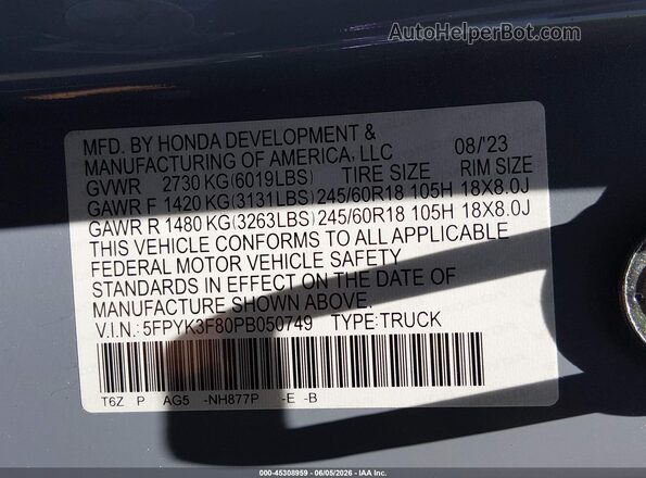 5FPYK3F80PB050749 2023 HONDA RIDGELINE Light Blue Engine compartment view