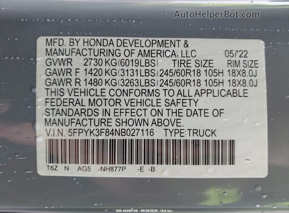 5FPYK3F84NB027116 2022 HONDA RIDGELINE Gray Engine compartment view