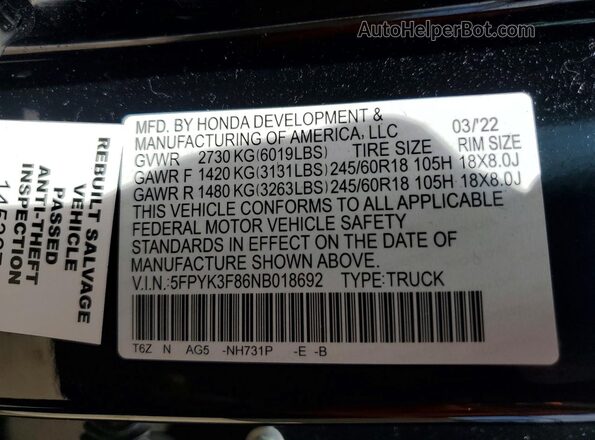 5FPYK3F86NB018692 2022 HONDA RIDGELINE Black ძრავის განყოფილების ხედი