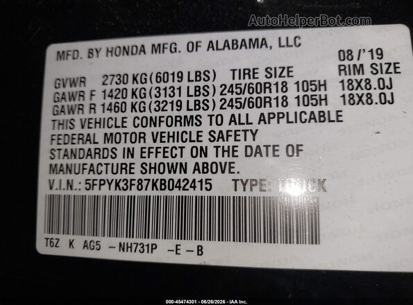5FPYK3F87KB042415 2019 HONDA RIDGELINE Black Engine compartment view