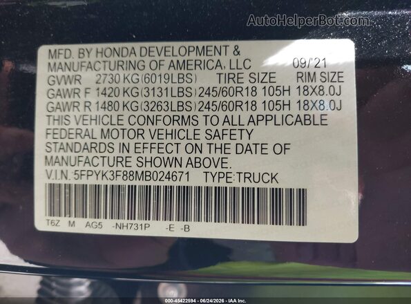 5FPYK3F88MB024671 2021 HONDA RIDGELINE Black Շարժիչի բաժամունքի տեսք