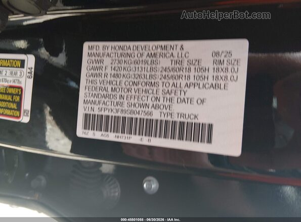 5FPYK3F89SB047566 2025 HONDA RIDGELINE Black ძრავის განყოფილების ხედი
