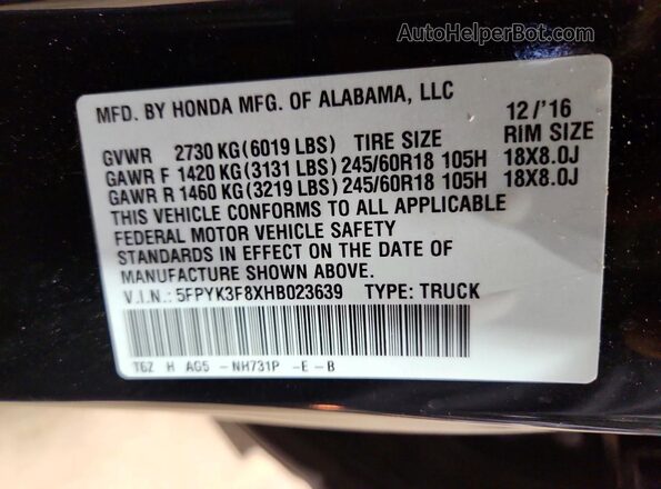 5FPYK3F8XHB023639 2017 HONDA RIDGELINE Black Вид підкапотного простору