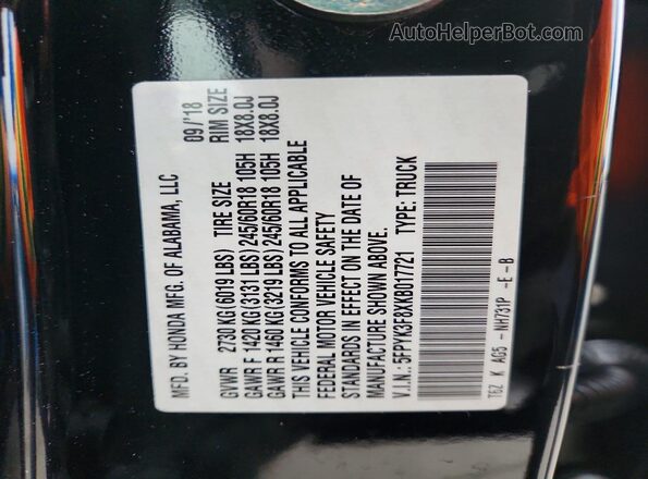 5FPYK3F8XKB017721 2019 HONDA RIDGELINE Black Vista del compartimento del motor