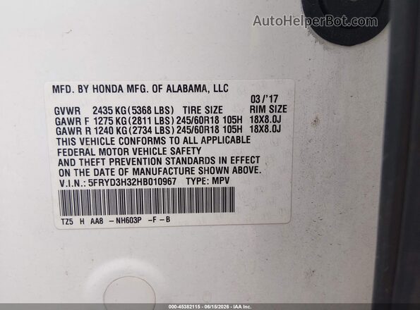 5FRYD3H32HB010967 2017 ACURA MDX White ძრავის განყოფილების ხედი