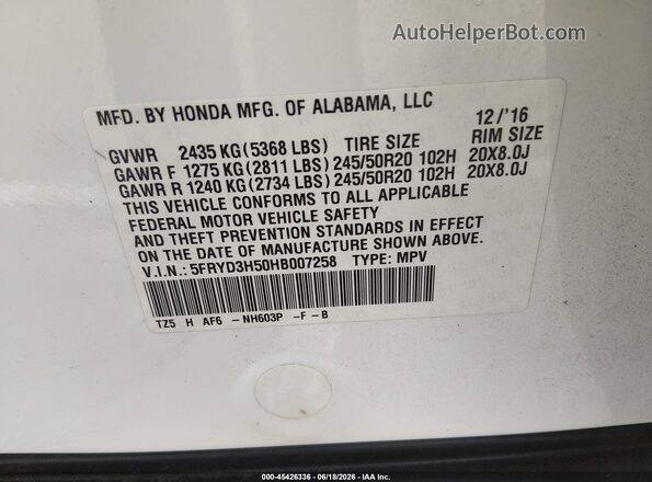 5FRYD3H50HB007258 2017 ACURA MDX White Շարժիչի բաժամունքի տեսք