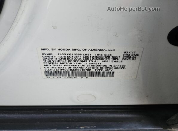 5FRYD3H56HB010732 2017 ACURA MDX White Widok naklejki z numerem VIN