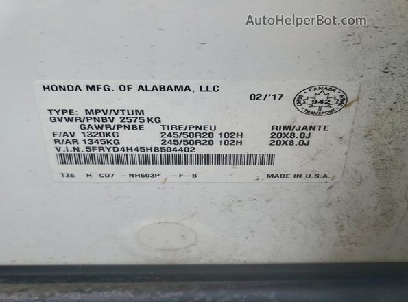 5FRYD4H45HB504402 2017 ACURA MDX White 360 interior view