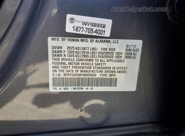 5FRYD4H52HB026593 2017 ACURA MDX Gray VIN კოდის სტიკერის ხედი