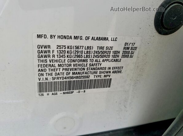 5FRYD4H56HB025592 2017 ACURA MDX White 