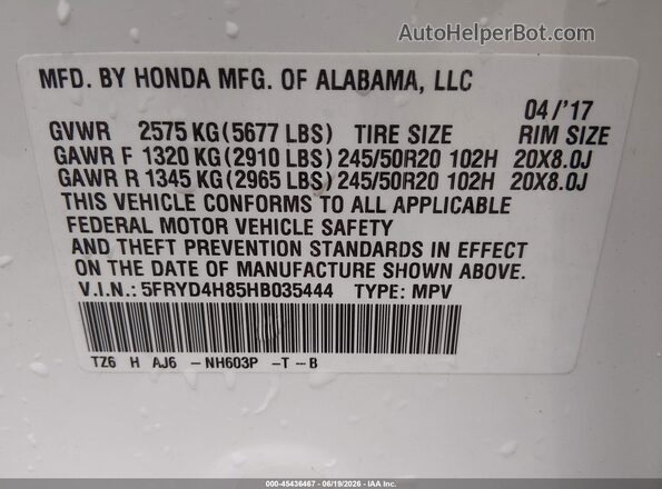 5FRYD4H85HB035444 2017 ACURA MDX White Շարժիչի բաժամունքի տեսք