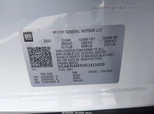 5GAERARS3SJ111629 2025 BUICK ENCLAVE White Вид підкапотного простору