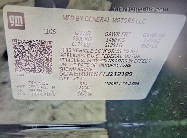 5GAERBKS7TJ212190 2026 BUICK ENCLAVE Black VIN sticker view