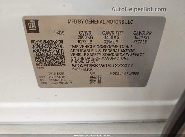 5GAERBKW0KJ273477 2019 BUICK ENCLAVE White Engine compartment view