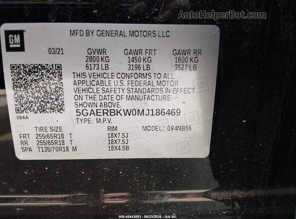 5GAERBKW0MJ186469 2021 BUICK ENCLAVE Black Engine compartment view