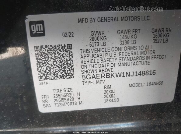 5GAERBKW1NJ148816 2022 BUICK ENCLAVE Black 
