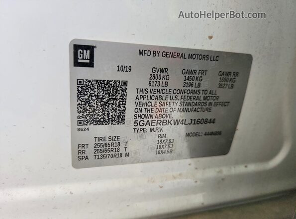5GAERBKW4LJ160844 2020 BUICK ENCLAVE White Widok naklejki z numerem VIN