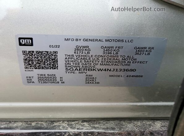 5GAERBKW4NJ133680 2022 BUICK ENCLAVE Silver Widok naklejki z numerem VIN