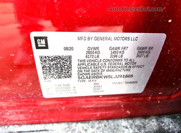 5GAERBKW5LJ291605 2020 BUICK ENCLAVE Red VIN კოდის სტიკერის ხედი