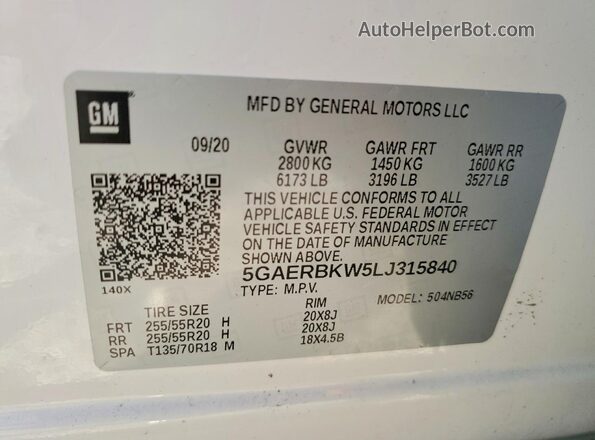 5GAERBKW5LJ315840 2020 BUICK ENCLAVE Белый Вид наклейки с VIN-кодом