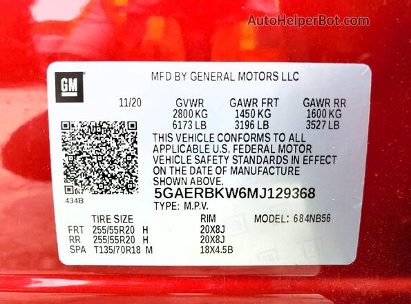 5GAERBKW6MJ129368 2021 BUICK ENCLAVE Red Widok wnętrza 360 stopni