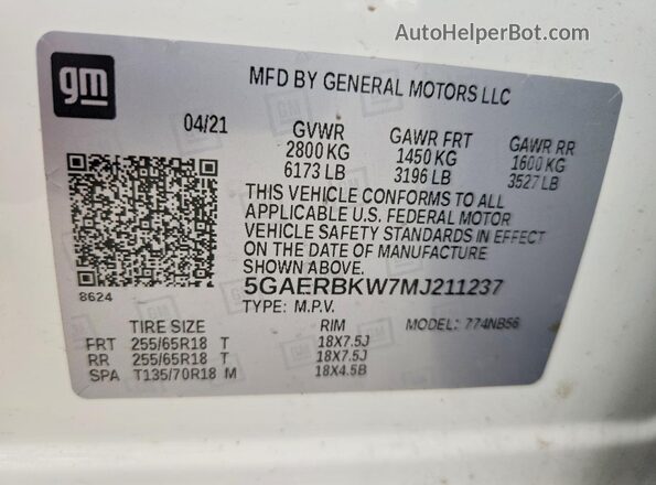 5GAERBKW7MJ211237 2021 BUICK ENCLAVE White Widok naklejki z numerem VIN