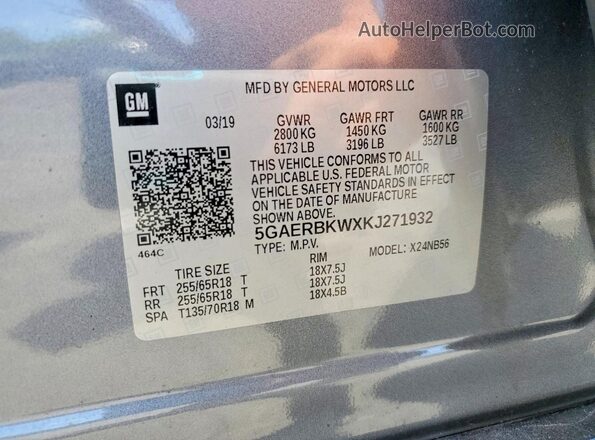 5GAERBKWXKJ271932 2019 BUICK ENCLAVE Gray სალონის 360-გრადუსიანი ხედი