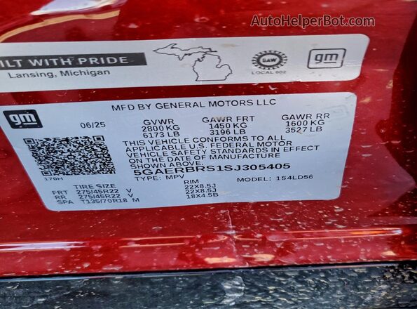 5GAERBRS1SJ305405 2025 BUICK ENCLAVE Burgundy Вид наклейки з VIN-кодом