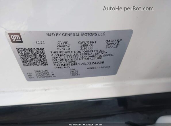 5GAERBRS7SJ124289 2025 BUICK ENCLAVE White Շարժիչի բաժամունքի տեսք