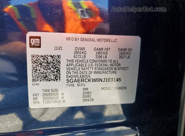 5GAERCKW0NJ103145 2022 BUICK ENCLAVE Blue VIN sticker view