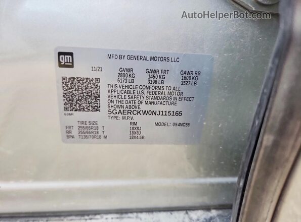 5GAERCKW0NJ115165 2022 BUICK ENCLAVE Silver VIN sticker view